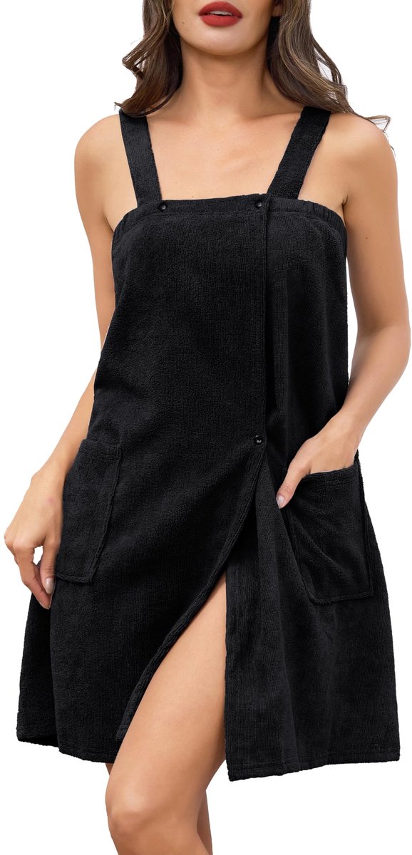 SnelShoppen - Lovasy Sauna Badjas Dames Frottee Saunahanddoek Brede Schouderbanden Saunakilt met Zakken Drukknop Elastisch Koord Zwart L-XL