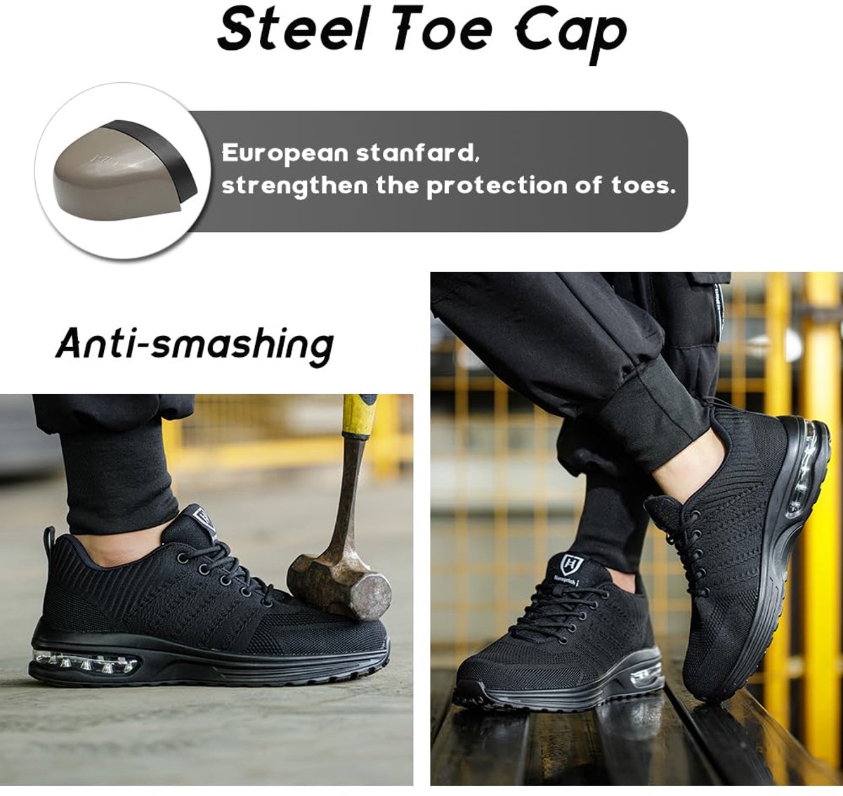 SnelShoppen - Veiligheidsschoenen Heren Werkschoenen Dames Lichtgewicht Stalen Neus Sneakers Puur Zwart EU 37 - Beschermende Schoenen voor Werk en Vri