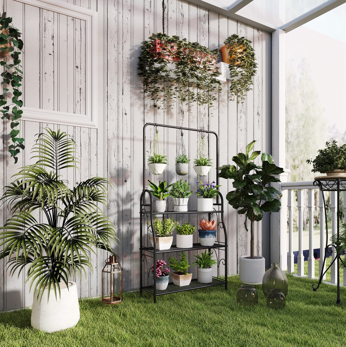 Plantenrek 3 Etages Met Hangstang En Haken 75 X 25 X 137 Cm Metaal Zwart Open Stellingkast Voor Woonkamer Balkon En Tuin