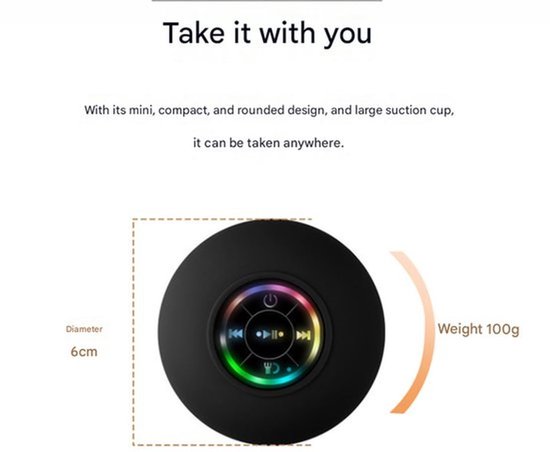 Grote zuignap waterdichte Bluetooth-luidspreker met LED-licht, waterdichte badkamer Bluetooth-luidspreker, draagbare Bluetooth-luidspreker van Merkloos — afbeelding 4