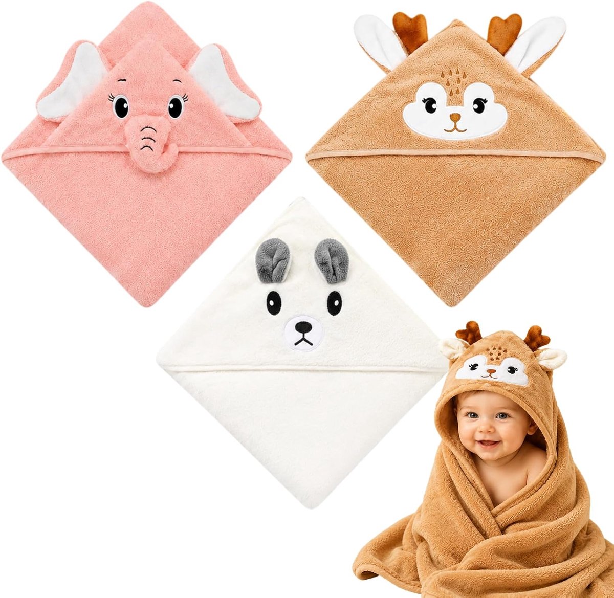 SnelShoppen - 3 Stuks Baby Badhanddoeken Met Capuchon 80x80 Cm Zachte Doekjes Voor Zuigelingen Peuters Perfect Voor Bad En Zwemmen