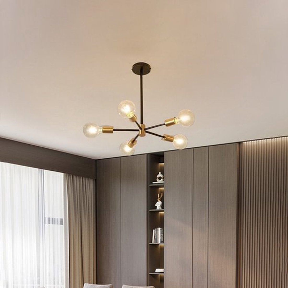 Eenvoudige smeedijzeren plafondlamp in zwart-goud, geschikt voor woonkamers, keukeneilanden, slaapkamers en hallen (lichtbronnen niet inbegrepen).