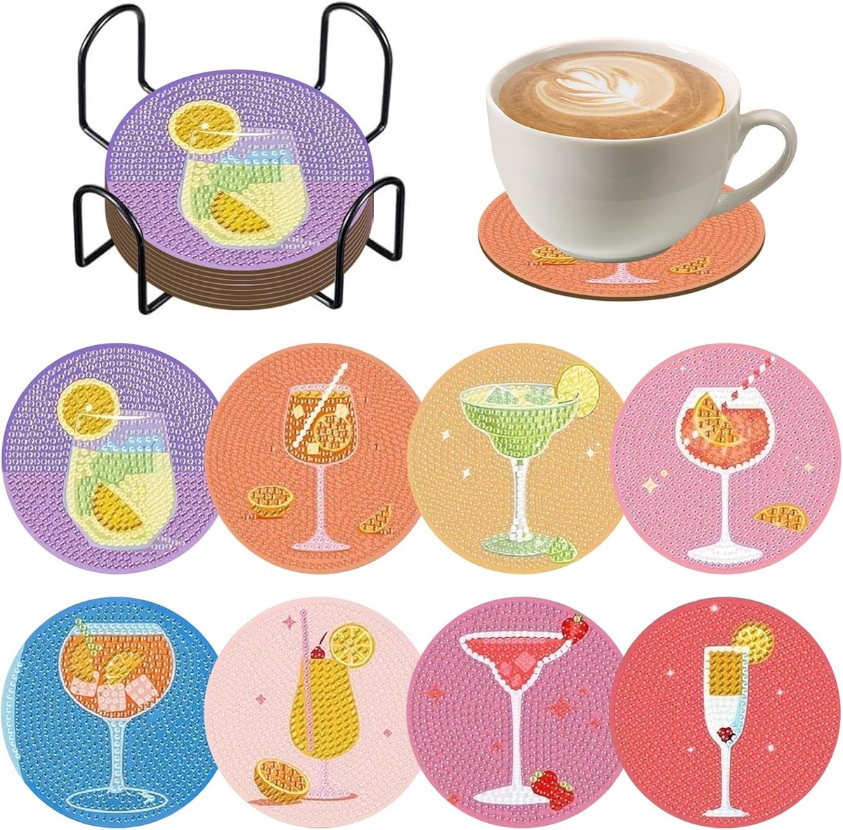Set van 8 Diamant Schilderen Onderzetters met Houder, Onderzetters voor Drankjes, Creatieve Ambachten en Keukenaccessoires