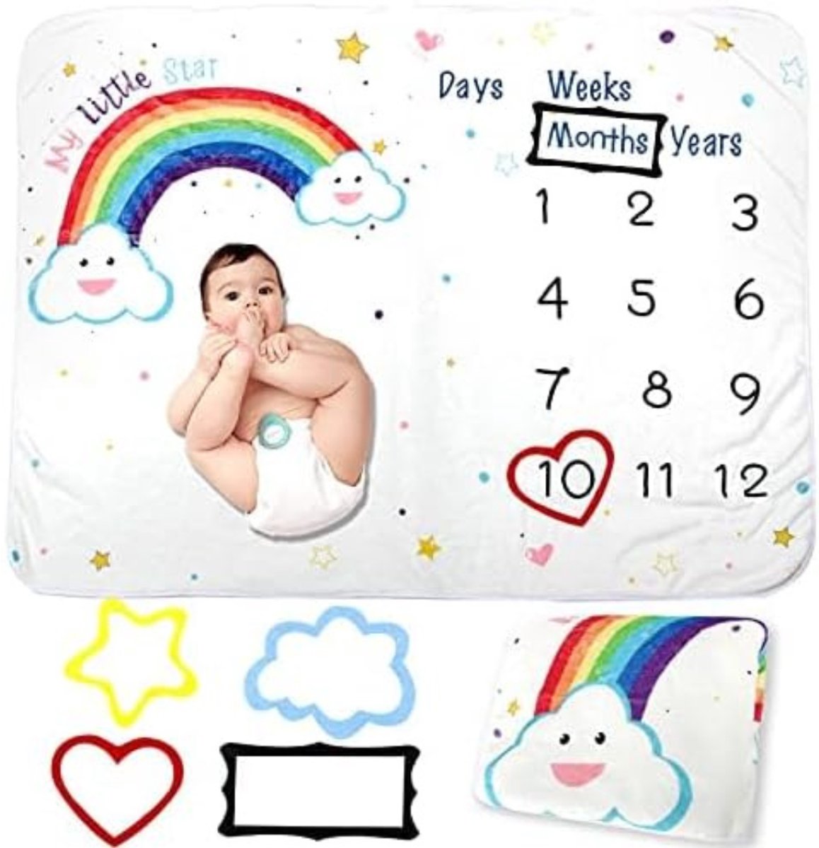 Verte Mijlpaaldeken - Maandelijkse Mijlpaaldeken voor Jongens en Meisjes – Zachte - Dikke Fleecedeken – Mijlpaaldeken voor Baby’s - blank – Met 4 Fotolijstjes van Vilt – Leeftijd Bijhouden – Groei – 130 x 100 cm