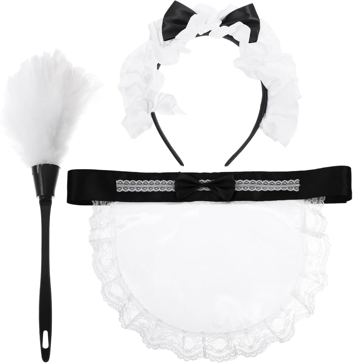 Schoonmaakmeisje kostuum met hoofdband, veer duster en schort voor dames en meisjes, perfect voor verkleedpartijen en themafeesten