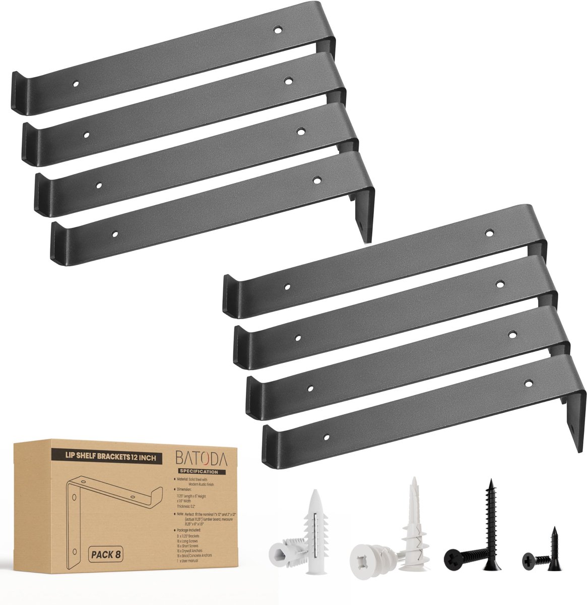 SnelShoppen - Plankbeugels 30,5 cm (8 stuks) Zwart - Heavy Duty L Beugels voor Zwevende Planken - Wandmontage Ondersteuning voor Doe-Het-Zelf Projecte