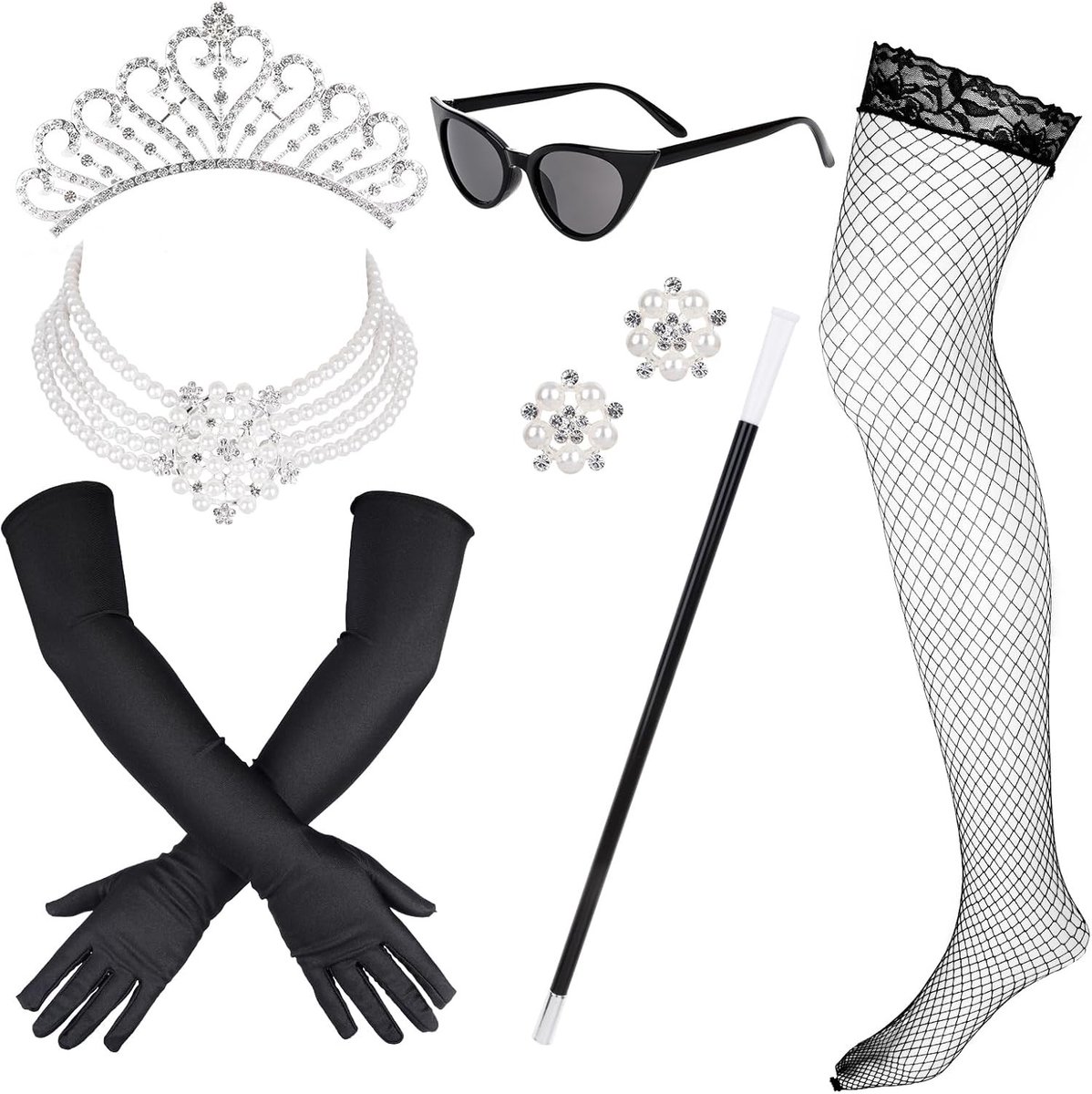 Elegante 1920s Kostuum voor Dames met Kroon, Parelketting, Handschoenen en Zonnebril voor Halloween en Carnaval