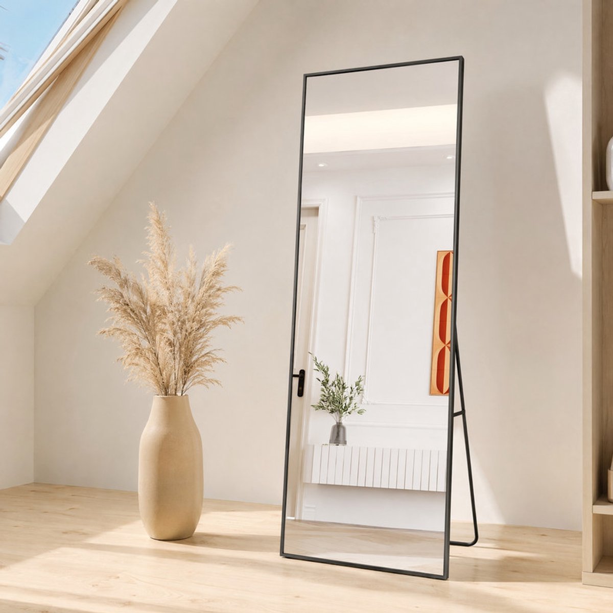 SHOPENTRA Passpiegel 173x63 cm Zwart – Luxe Ganzkörperspiegel met Aluminium Frame, Veiligheidsglas en Staand of Wandmontage