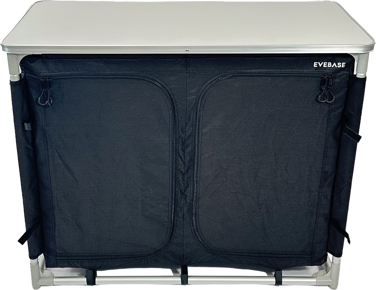 EveBase Silver - Campingkast - Brede Opbergkast met Werkblad en Zijvakken - Zwart/Zilver