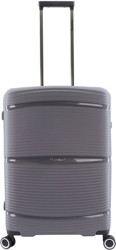 Grijze koffer met ribbelpatroon en logo. Trolley met vier wieltjes en uitschuifbare handgreep.