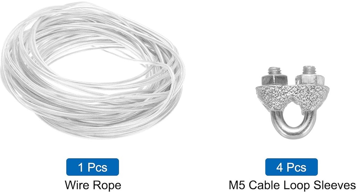 SnelShoppen - 4mm Transparant Vinyl-Coated Stalen Kabel met 4 M5 Lussen voor Hangrails - Sterk, Flexibel en Duurzaam - Ideaal voor Feesten, Tuin, Thui