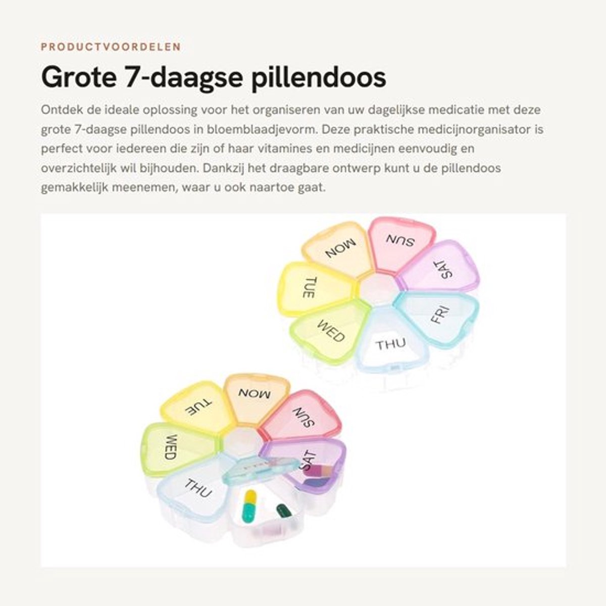 Pillendoos 7 dagen - Pillendoos grote vakken - Pillendoosjes 7 dagen - Medicijnorganisator - Draagbare container - Bloemblaadjevormige vorm - Medicijnbox