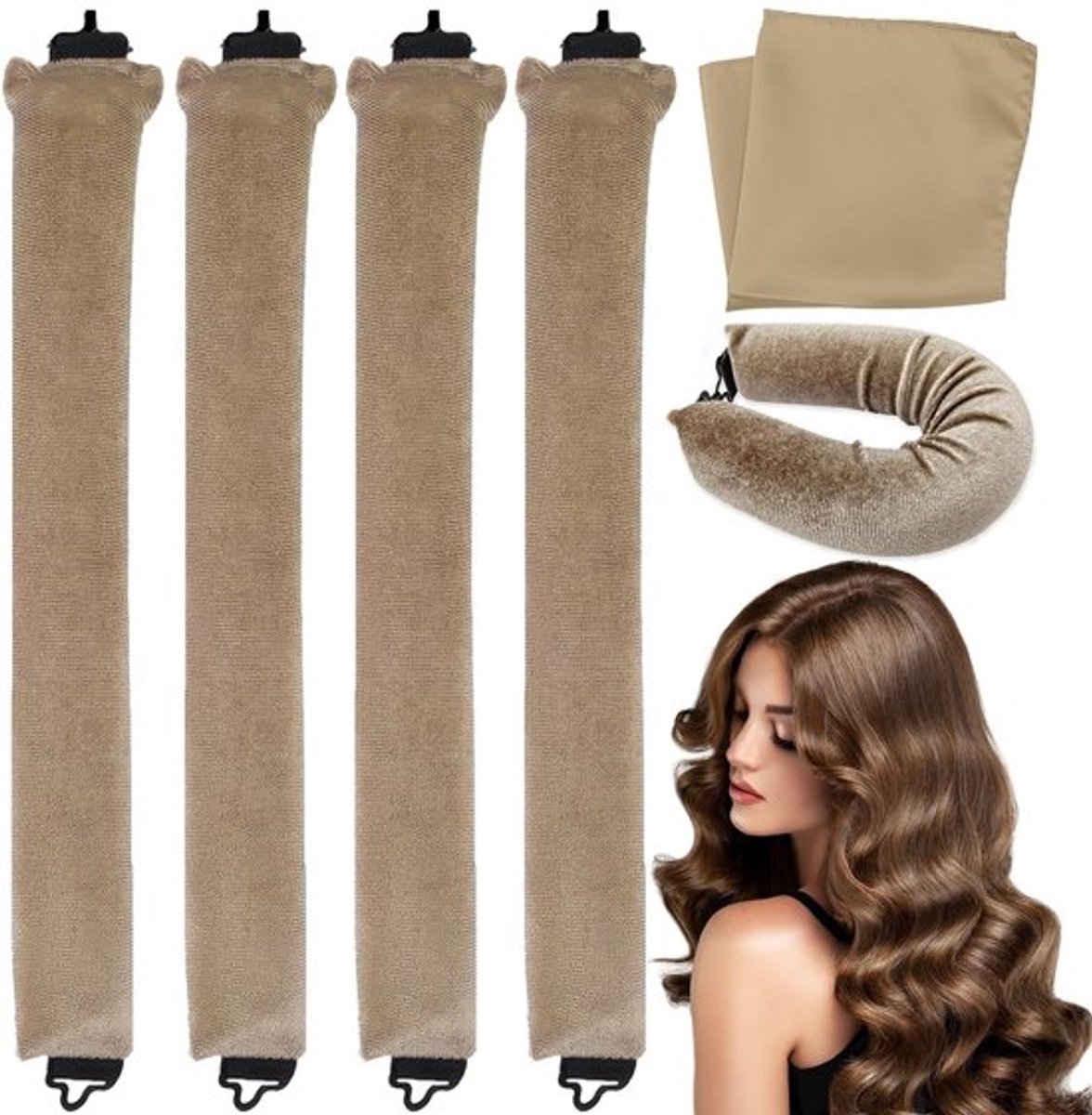 Heatless Curlers - Haarrollers zonder Hitte - Perfecte Krullen - Kaki - Krulspelden - Geschikt voor Lang Haar - 4 stuks