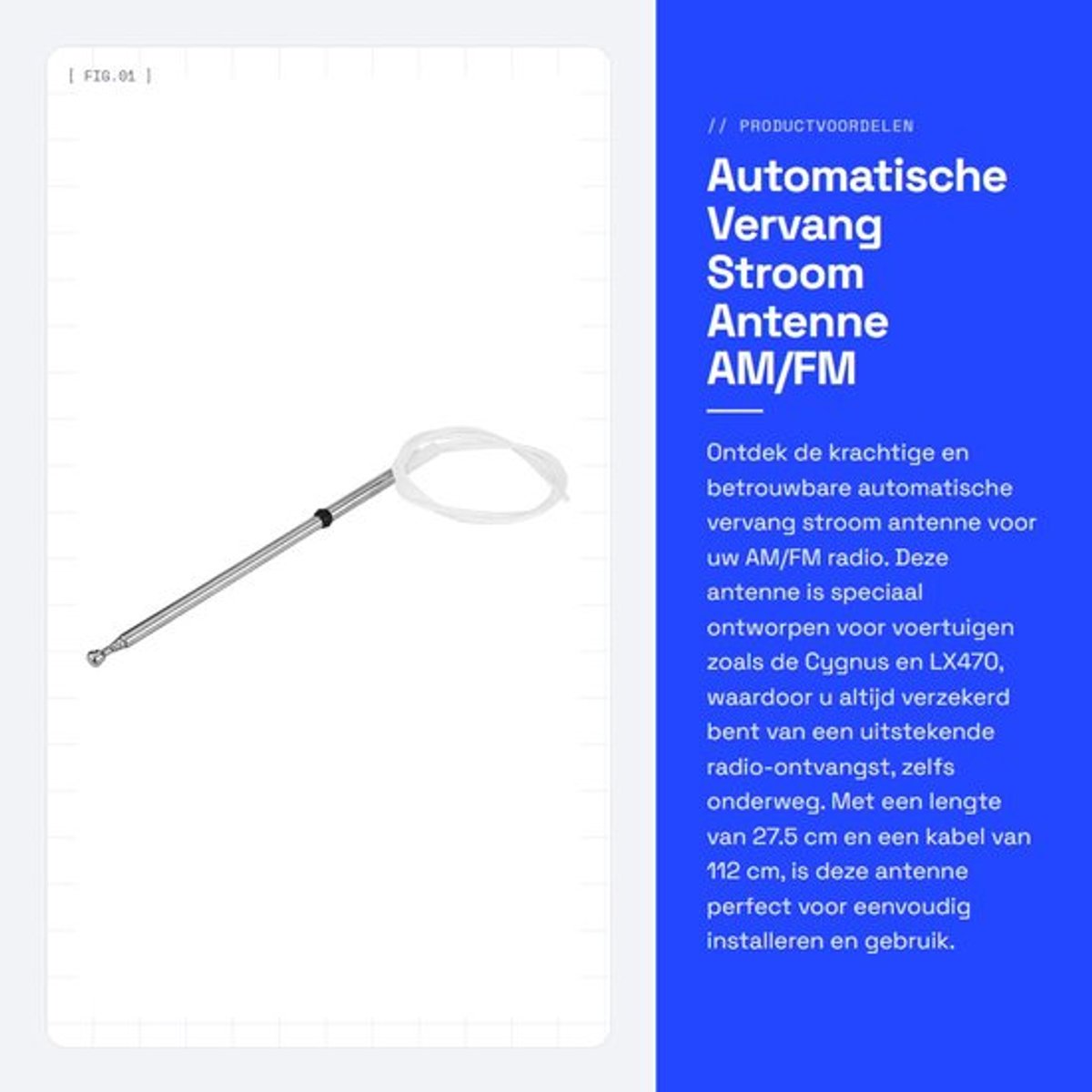 Antennemast Roestvrij Staal - Automatische Vervanging - AM/FM-radio - Lengte 27.5cm - Kabel Lengte 112cm - Voor Cygnus 100-serie - Radioantenne