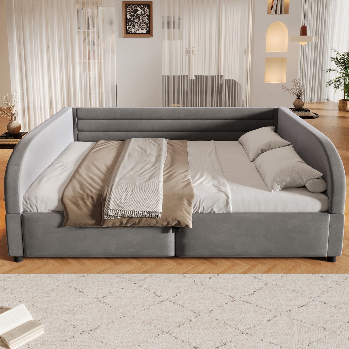 OKWISH Gestoffeerd Bed 140x200 cm - Hydraulische Opbergruimte en Led Verlichting - Platformbed met Lattenbodem - Zonder Matras - Stof - Grijs