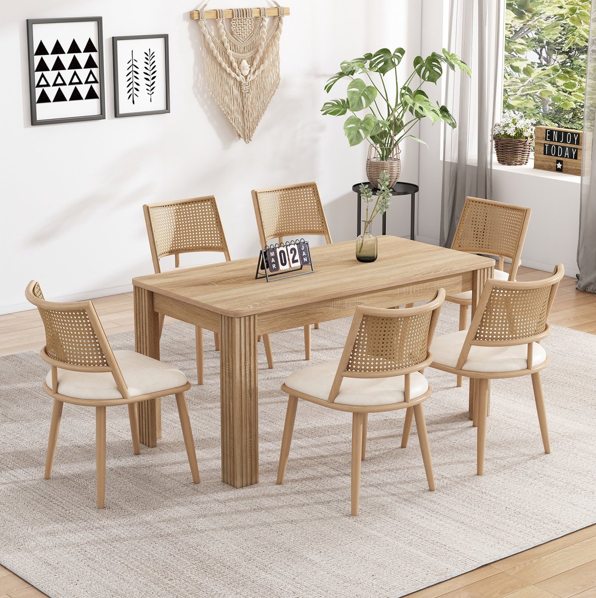 MEUNIQ set van 6 eetkamerstoelen met kunstleren zitting en rotan rugleuning, 80 x 46 x 48 cm, normale eetkamerstoel voor eetkamer of woonkamer, beige
