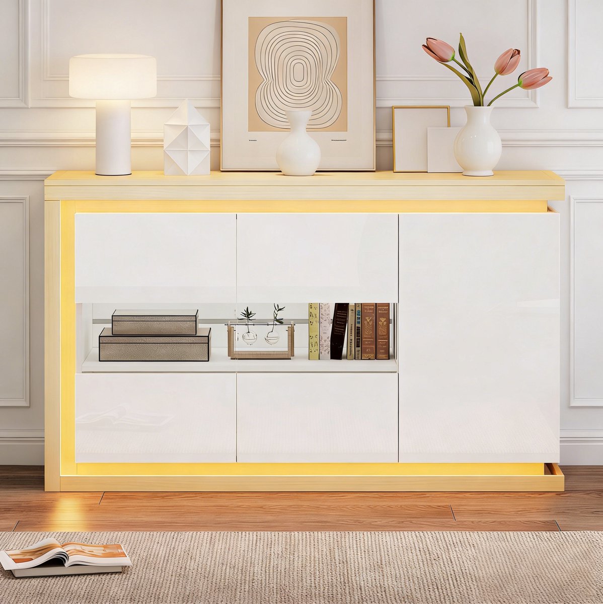 DESMIU Dressoir - Hoogglans Kast Met LED-Verlichting En Gehard Glazen Deuren - Voor Woonkamer Hal En Kantoor - Spaanplaat - 140x40x84 Cm