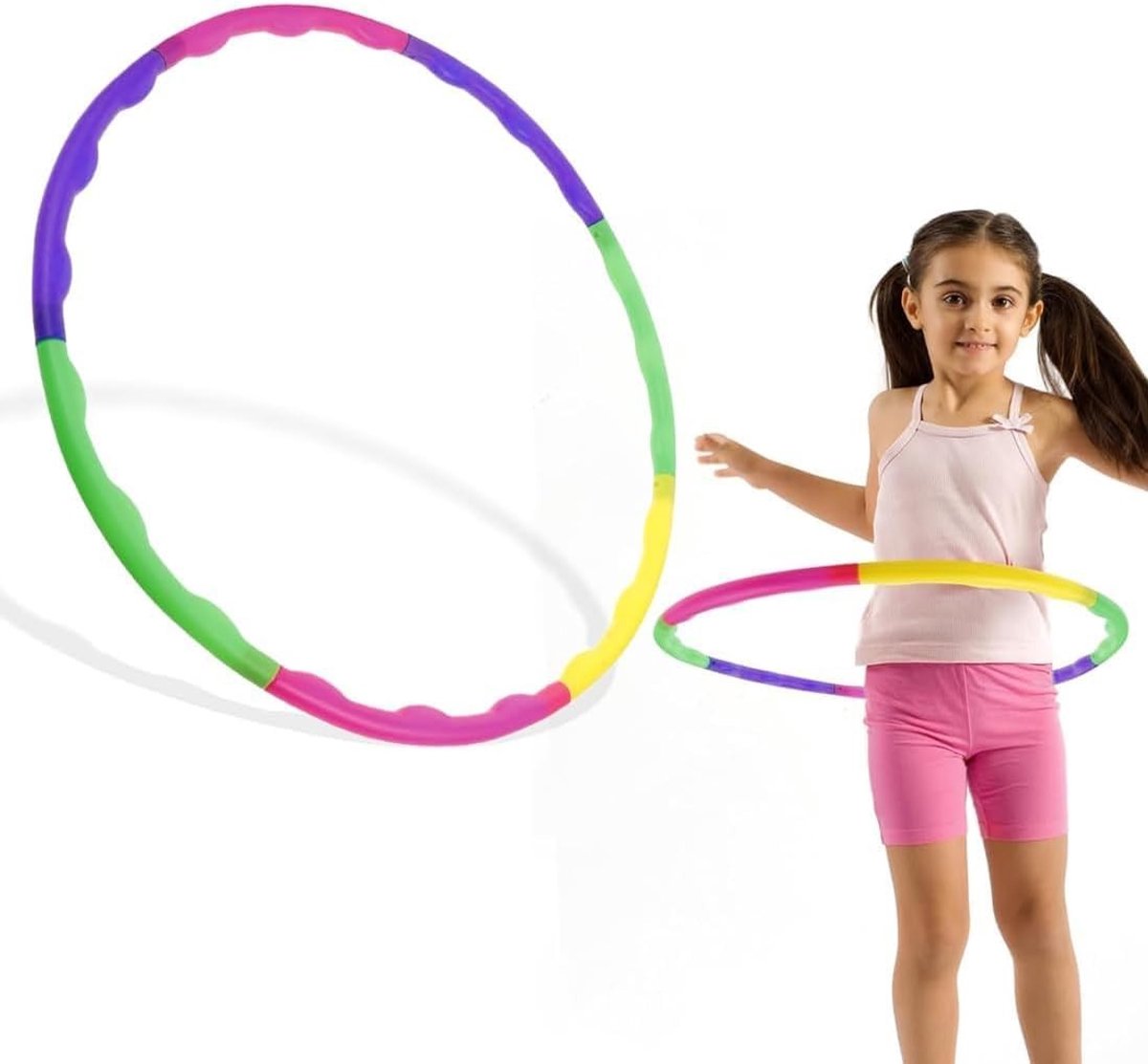 Verstelbare hula hoop voor kinderen met 9 secties, ideaal voor gymnastiek, fitness en spelplezier, geschikt voor kinderen vanaf 6 jaar.