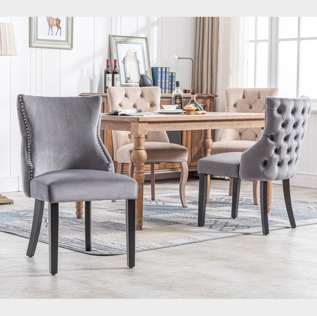 MEUNIQ Eetkamerstoel set van 4 grijs velvet met knoopstiksel, hoge rugleuning en houten onderstel, gevoerde stoel voor eetkamer of woonkamer