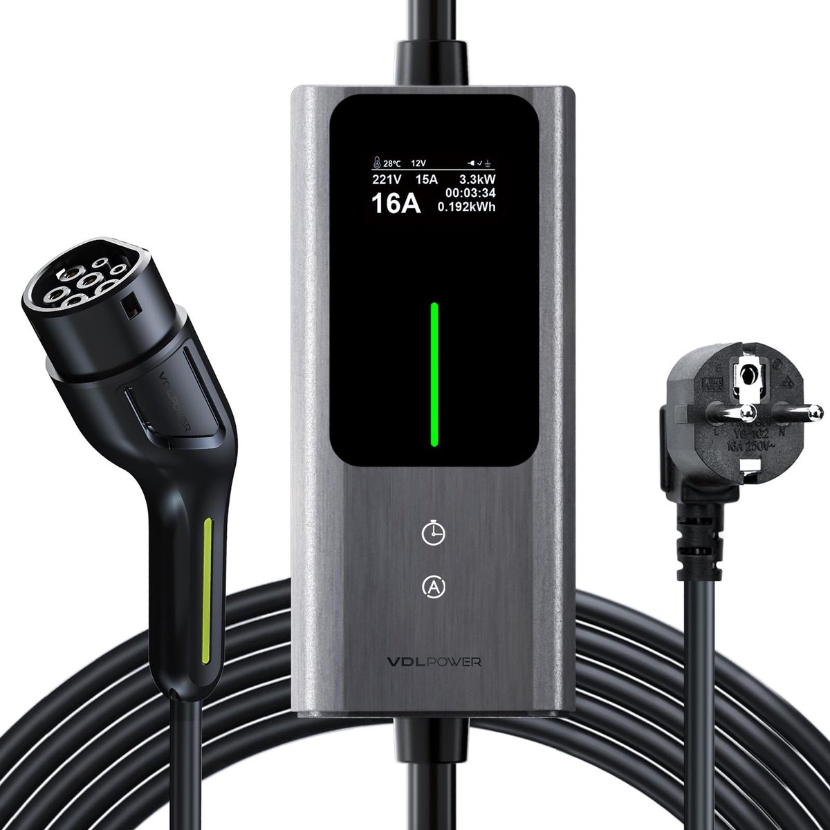 SnelShoppen - Type 2 Oplaadkabel Schuko 3,68 kW | 6-16 A | 5 m | 1-fase EV Oplader met Digitaal Display IP65 voor Elektrische Auto's en PHEV