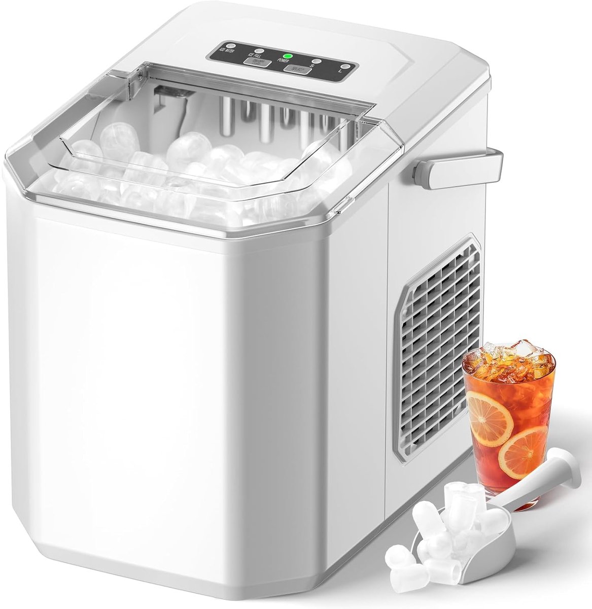 SnelShoppen - Ice Maker 12kg/24 Uur - Zelfreinigende IJsmaker Professioneel 1.5L met Handvat - Stil met Schep en Mandje - Ideaal voor Feest, Camping,