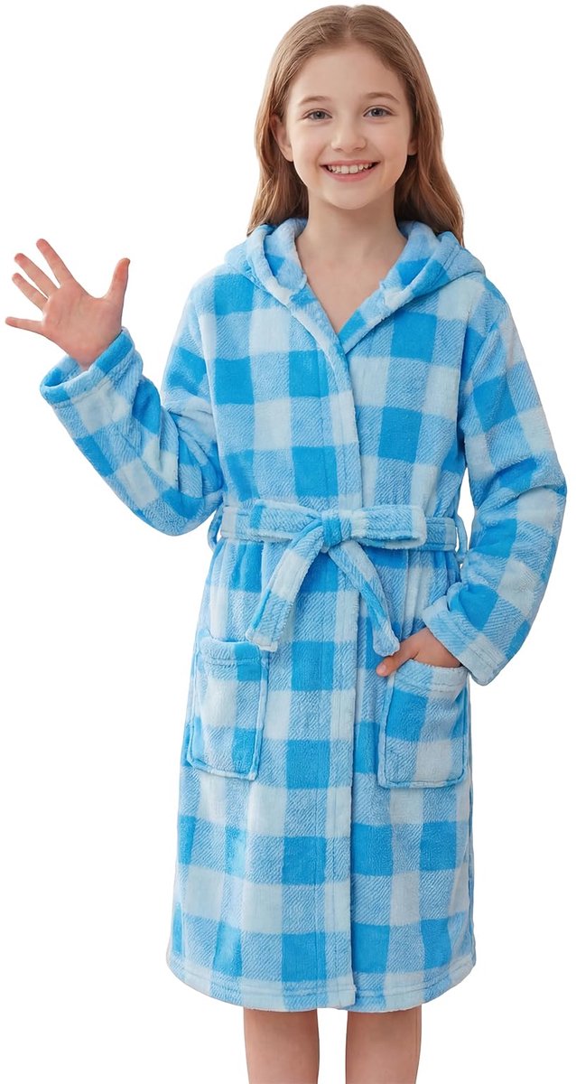 SnelShoppen - JiAmy Badjas met Capuchon voor Meisjes, Pluizige Fleece Lange Slaapjas voor Kinderen, Comfortabele Pluche Badjas in Blauw, Maat 13-14 Ja