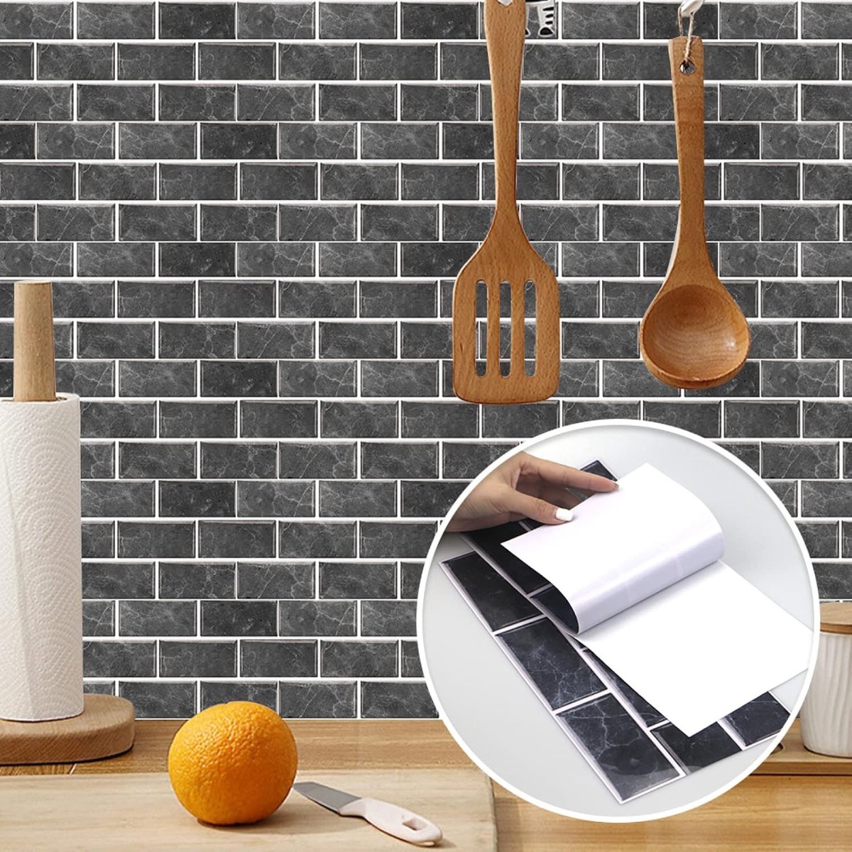 12 Stuks Waterdichte Vinyl Tegelstickers met Baksteeneffect voor Keuken en Badkamer Decoratie, Zwart