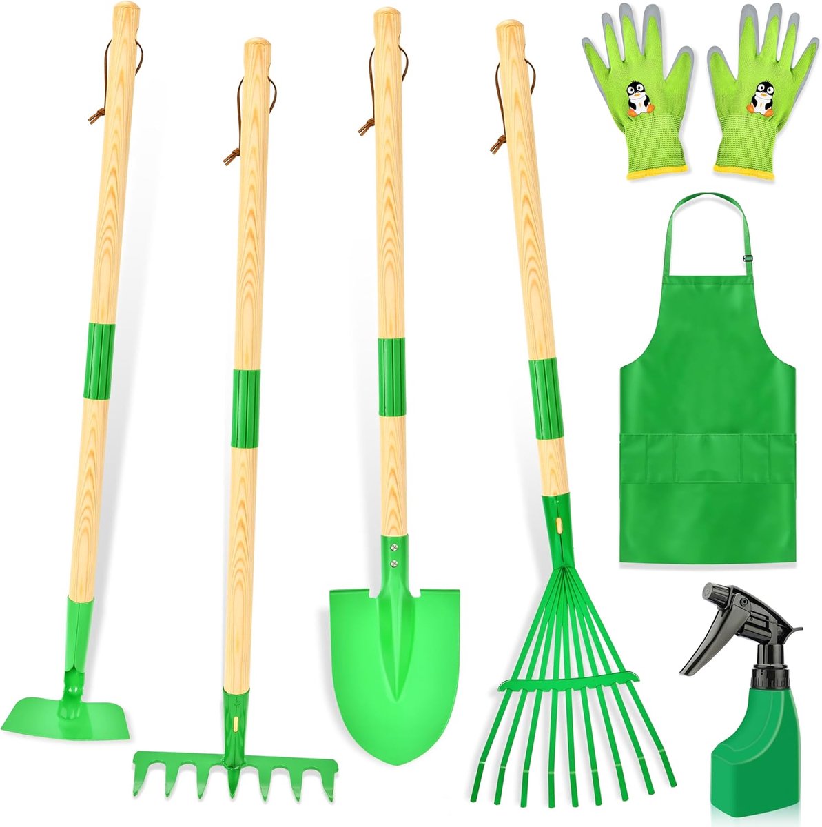 SnelShoppen - Tuingereedschap voor Kinderen, 7-delig Houten Tuinspeelgoed met Afneembaar Schort, Gieter en Tuinaccessoires voor Buiten, Groene Set voo