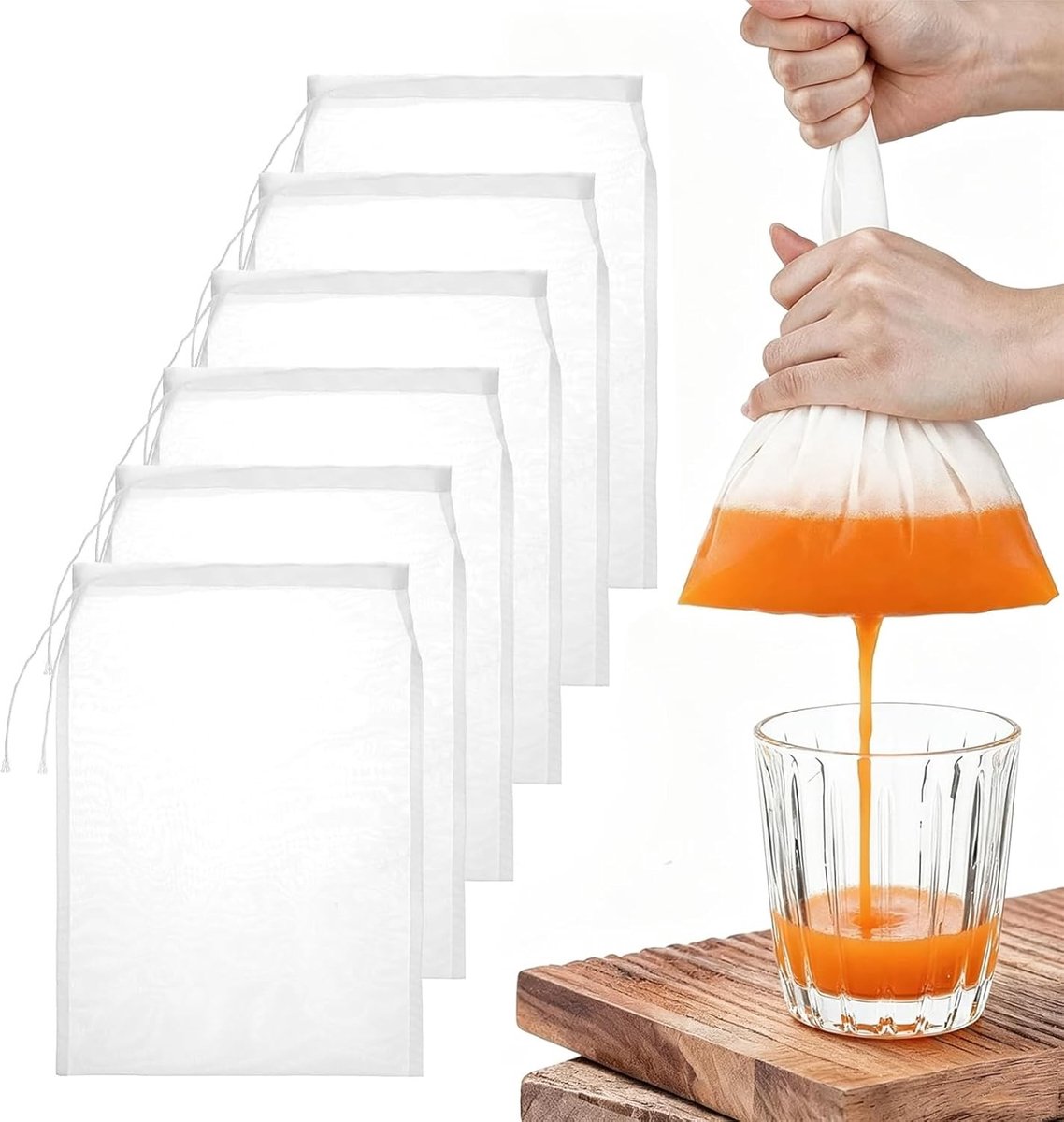 Herbruikbare Notenmelkzakken - 6 Stuks, Wasbare Fijnmazige Filterzakken voor Melk, Sap en Bouillon, 20 x 30 cm, Ideaal voor Groenten en Fruit