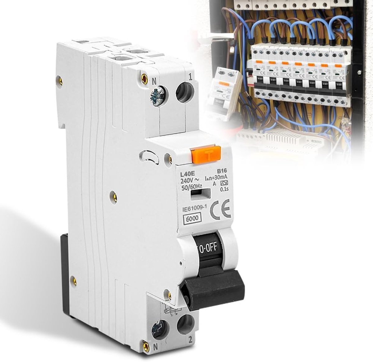 Veiligheidsschakelaar 16A, FI/LS Schakelaar, RCBO B16A 30mA, Aardlekbeveiliging, 16Amp RCD Circuitonderbreker, DIN Rail Montage, Type A, 240V, 1P+N, Curve B (B16) - Betrouwbare stroomonderbreking, kortsluitbeveiliging, elektrische veiligheid