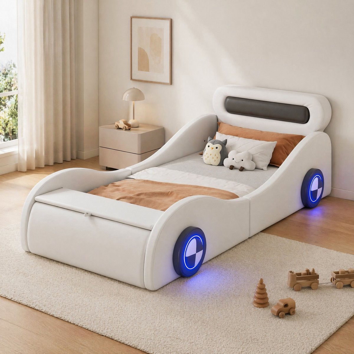 COVREO Kinderbed 241x101 cm – wit kunstleer en MDF, met verlichting en opbergruimte