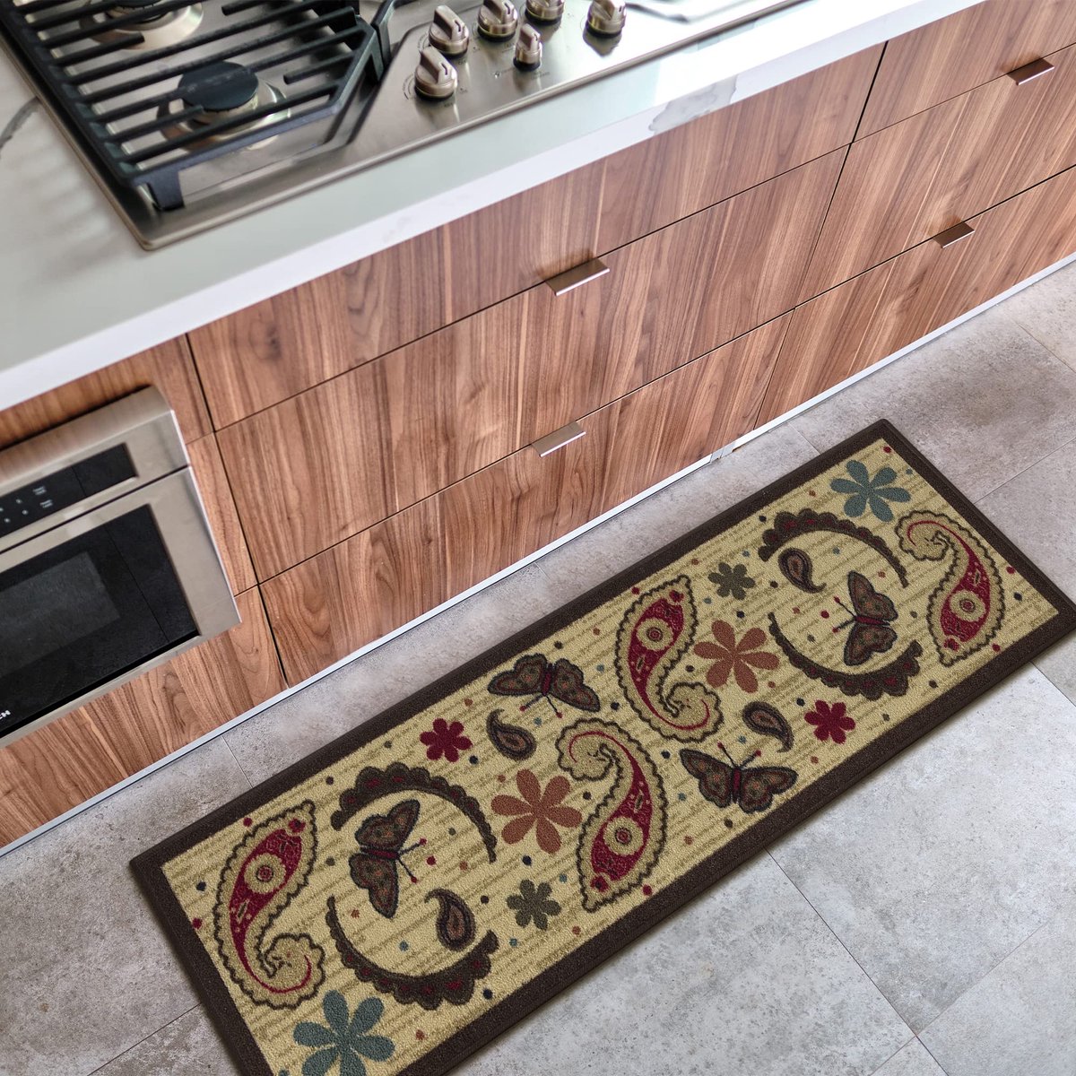 SnelShoppen - Machinewasbare Keukenloper 20 x 149 cm - Beige Paisley Antislip Tapijt voor Gang, Keuken, Woonkamer, Slaapkamer en Entree - Duurzaam Nyl