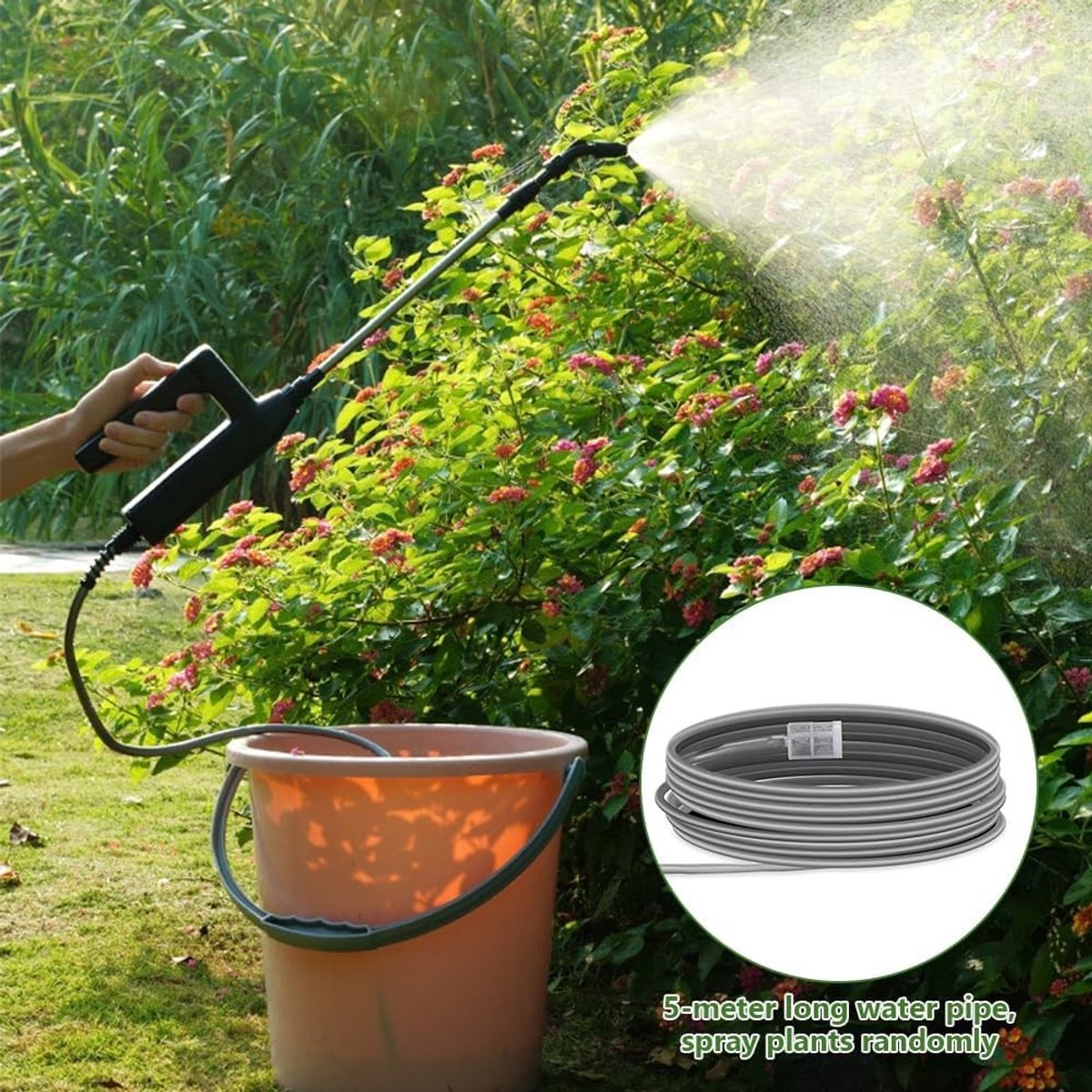 Elektrische Druksproeier met Telescopische Sproeistok, 5m Slang en 5 Sproeikoppen voor Tuin en Gazon, Ideaal voor Reiniging en Besproeien van Planten