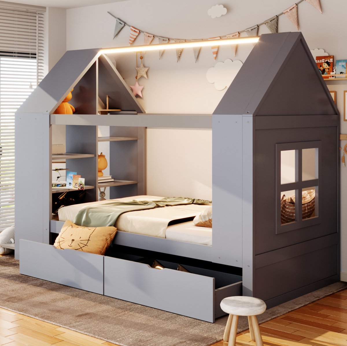 Wishdor Kinderbed - Huisvormig ontwerp - 2 lades en opbergruimte - met LED verlichting - massief hout en MDF - grijs - 90 x 200 cm