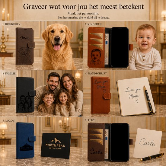 Collage van gepersonaliseerde telefoonhoesjes met foto's van huisdieren, kinderen, familie, handschrift en logo's.