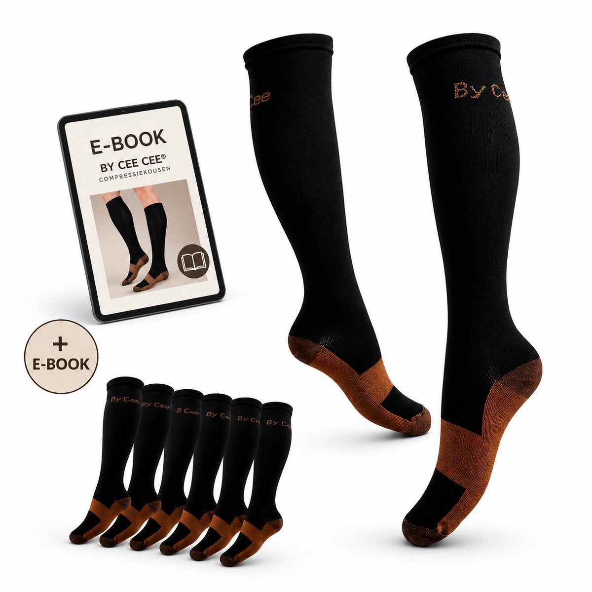 Compressiekousen 6 Paar met E-book - Steunkousen Vrouwen en Mannen - Compressie sokken - Hardloopsokken - Sportsokken - Maat S/M