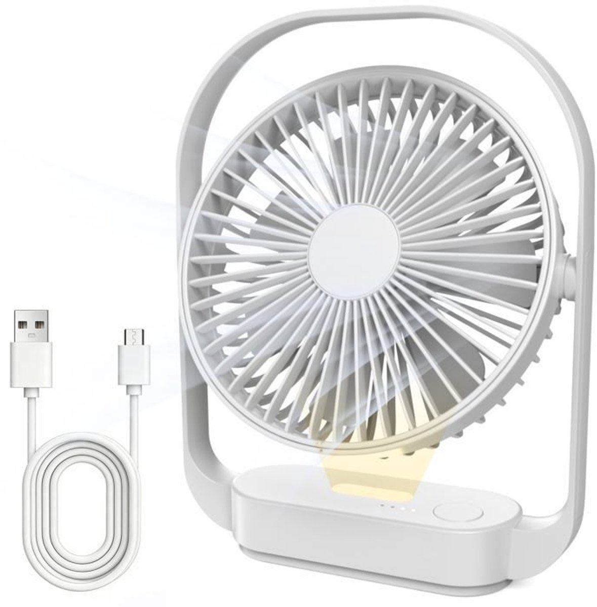 Draadloze bureauventilator van 4000 mAh, 4 ventilatorsnelheden, 2 nachtlichtstanden, oplaadbaar via USB-C, tot 20 uur batterijduur (wit).
