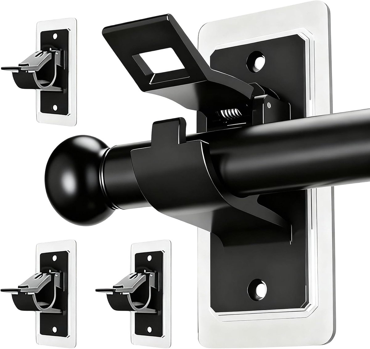SnelShoppen - Pack van 4 Zelfklevende Gordijnroede Beugels, Geen Boren, Multifunctionele Haakjes voor Badkamer en Slaapkamer, Zwart
