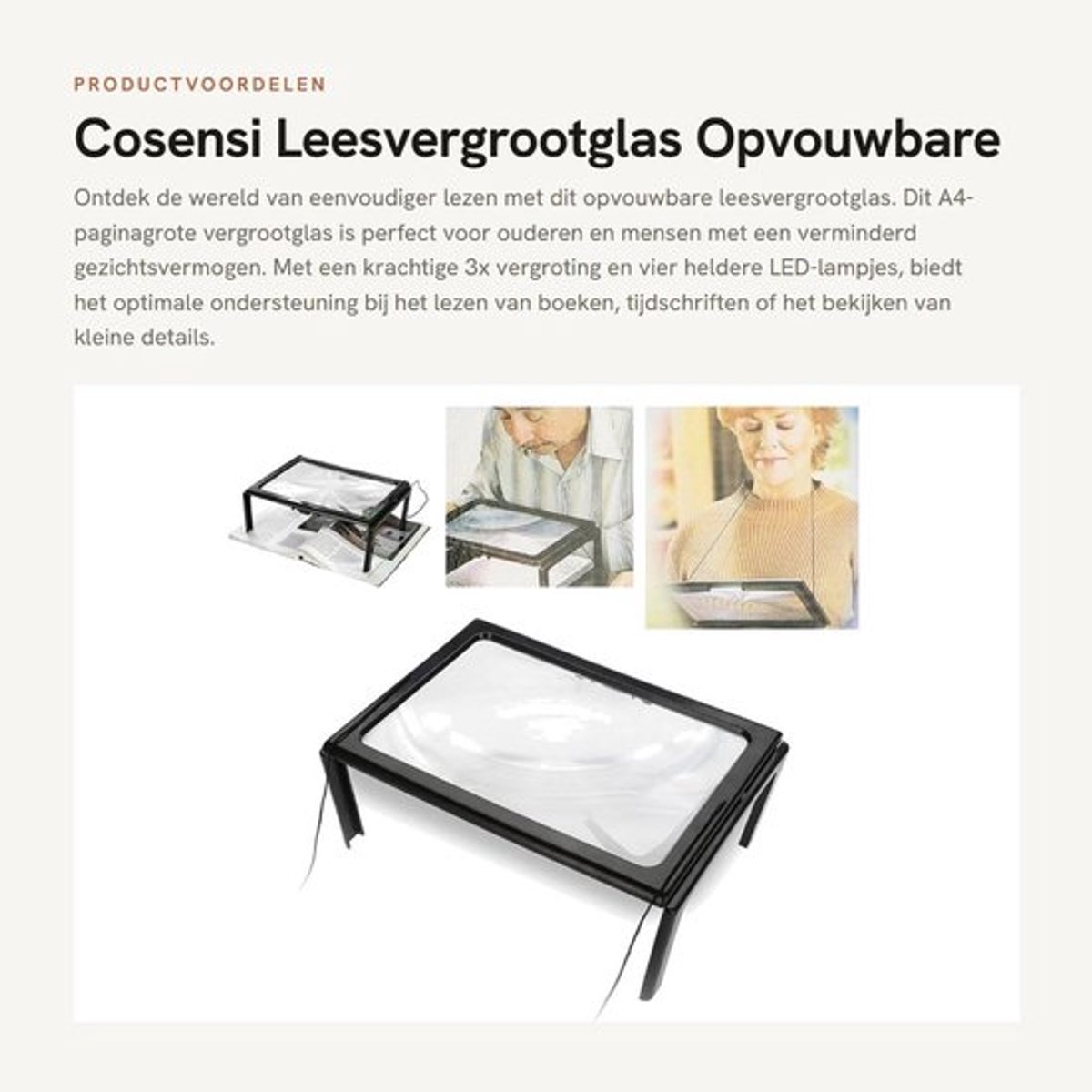 Leesvergrootglas - Opvouwbare Vergrootlens - 3x Vergroting - A4 Formaat - LED-Leeslampjes - Ideaal voor Ouderen - Handig en Draagbaar