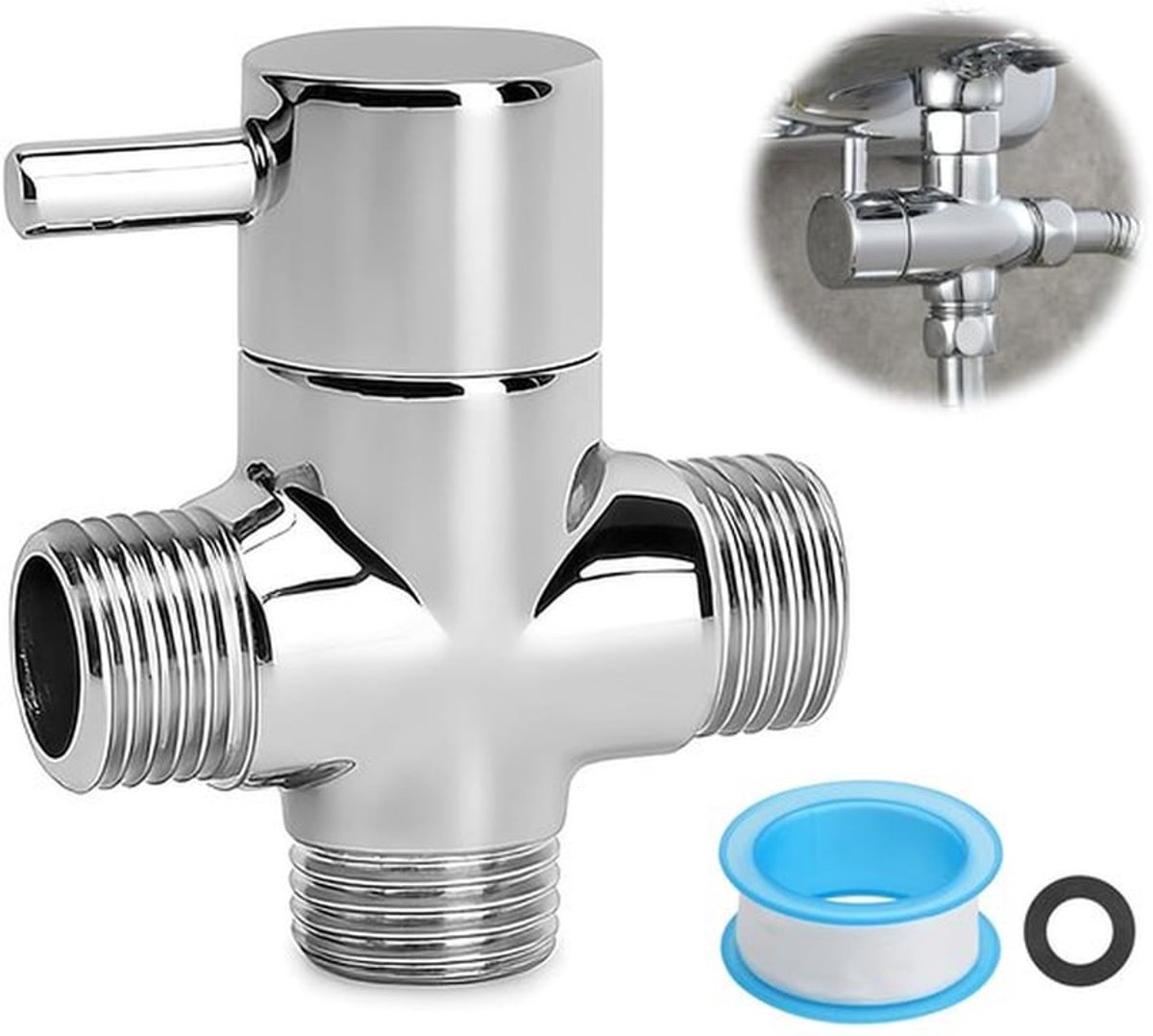 Omschakelventiel 3-weg - G1/2 T-adapter - Massief Messing - Verchroomd - Keramische Cartridge - Zonder Lekkage - Doucheventiel