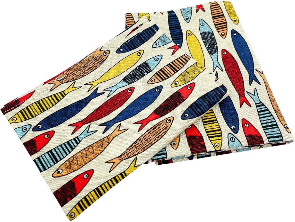 SnelShoppen - Set van 2 Gourmet Keukenhanddoeken, Half Linnen/Cotton, 50x70 cm, Stonewashed, Jacquard Visprint, Duurzaam en Stijlvol voor Keuken en Re