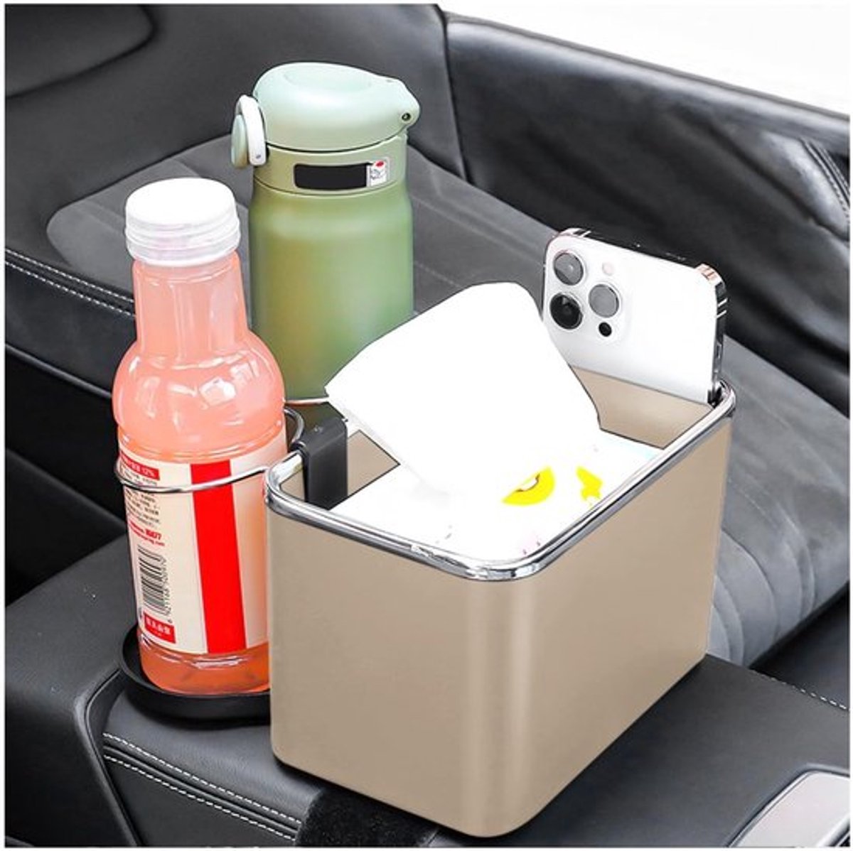 Opbergbox - Multifunctionele Organizer - Bekerhouder - Autoarmleuning - Roestvrij Staal - 18 x 11,5 x 11 cm - Zwart/Beige - Autorganizer