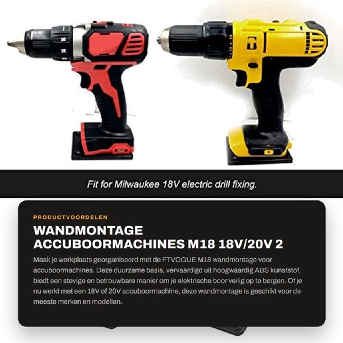 Wandmontage Accuboormachines - M18 18V/20V - 2 Stuks - Zwart - Stevige Bevestiging en Efficiëntie - Geschikt voor Accu Gereedschap - 2 Stuks