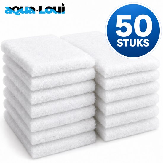 Stapel witte filterwatten met "50 STUKS" in blauwe cirkel.