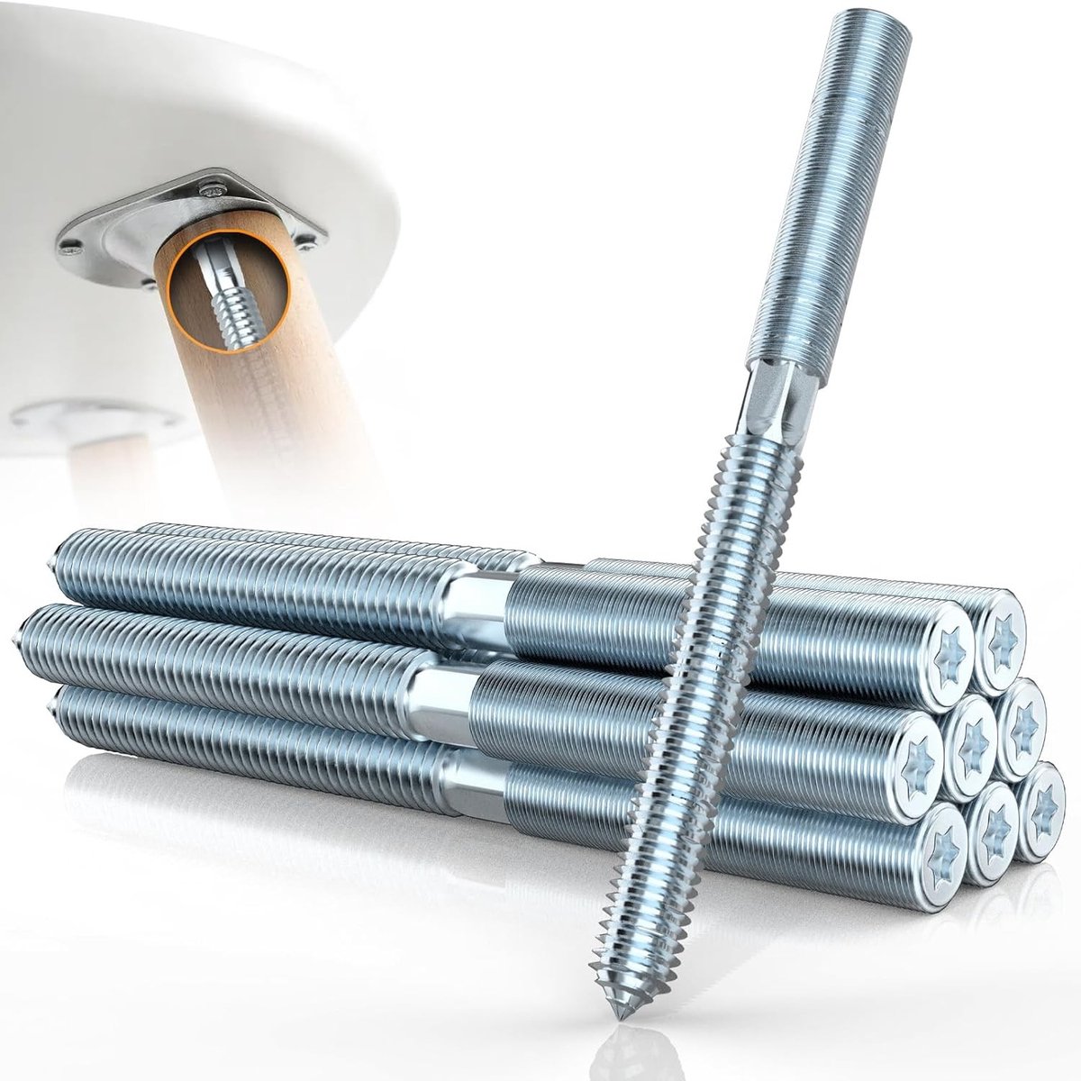 Torx Stick Schrauben Set van 8, M10 x 80 mm, Gegalvaniseerd RVS, Dubbelzijdige Plugschroeven, Voor Houten Scharnieren, Stergroeven, Dubbele Draad, Hangschroeven