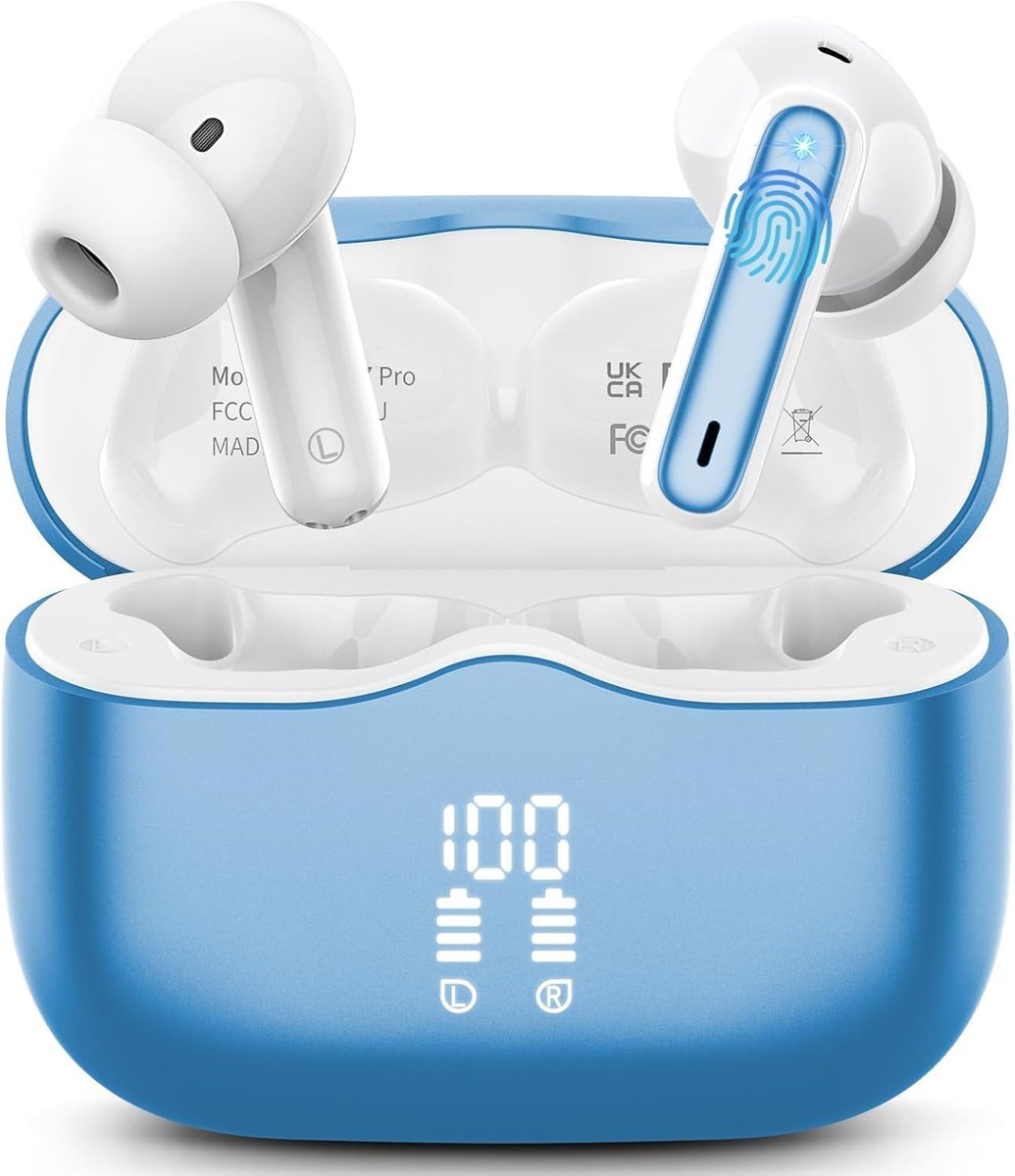 SnelShoppen - Draadloze Oordopjes Bluetooth 5.4 met 4 ENC Microfoons, 40 Uur Accuduur, IP7 Waterdicht, Ideaal voor Sport, Reizen, Werk en Vrije Tijd