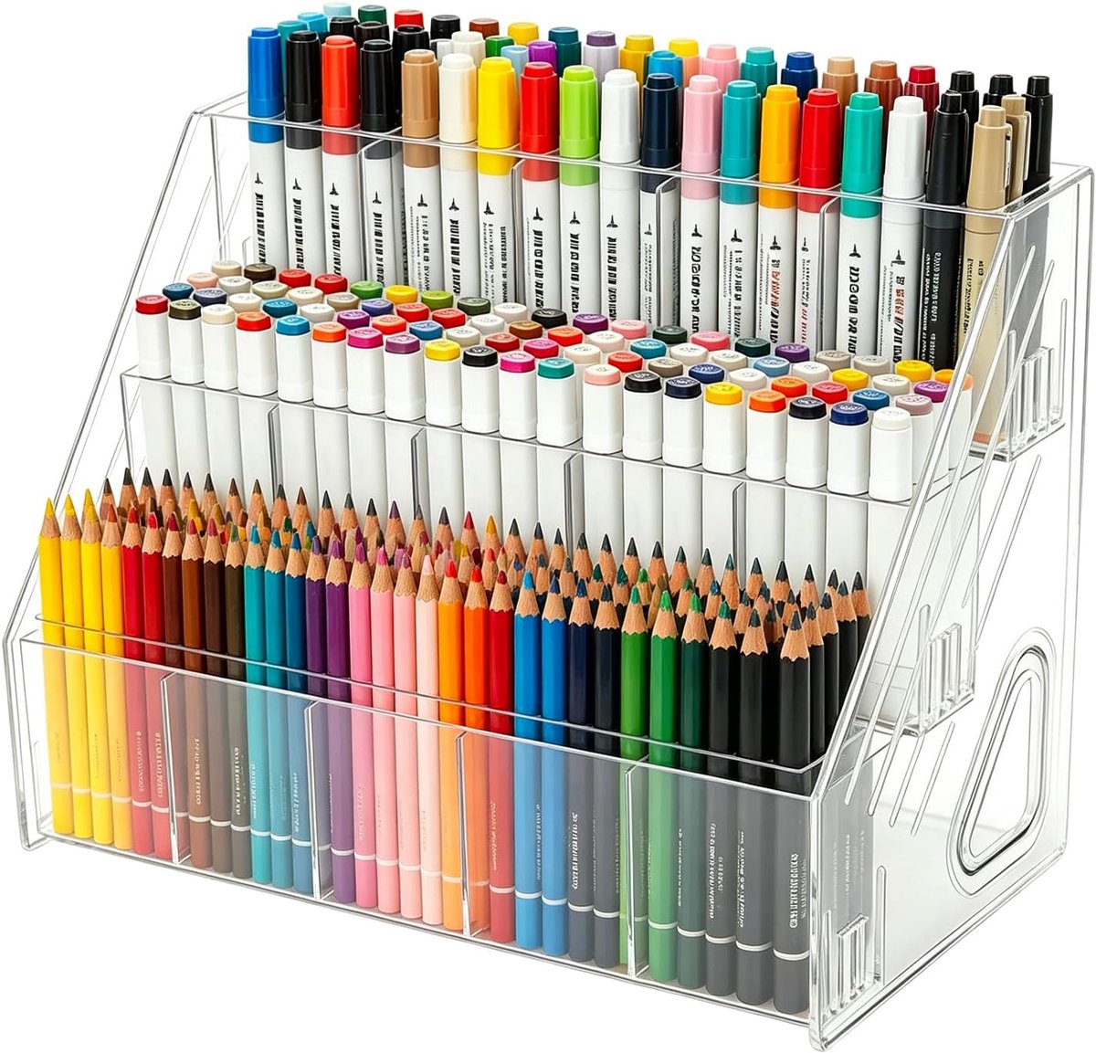 KZQ Acryl Pennenhouder 3 Lagen 15 Vakken Bureau Organizer Ruimtebesparend Stander voor Markers en Kunstbenodigdheden Transparant Opbergrek voor Kantoorgerei