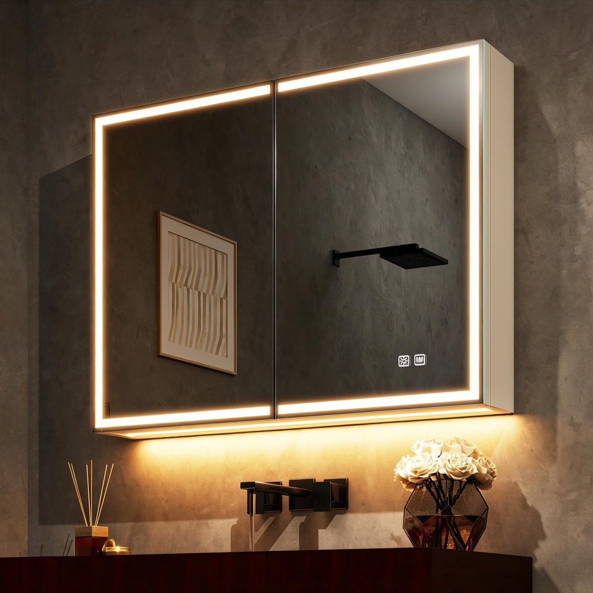 SnelShoppen - Badkamerspiegelkast met LED-verlichting 60x80 cm, crèmewit, aluminium wandkast met anti-condens, dimbare lichtkleur en geheugenfunctie,