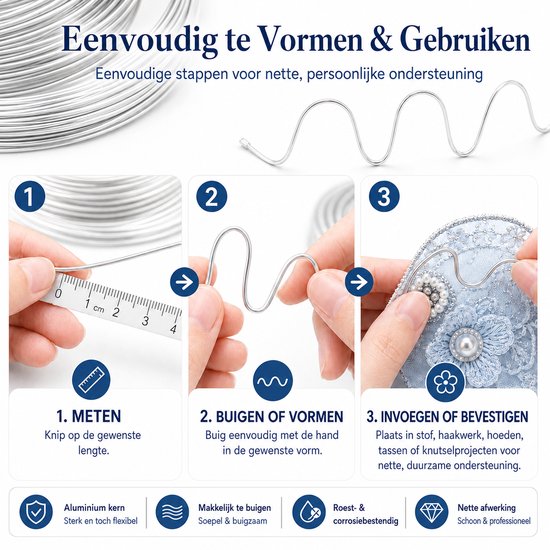 Stappen voor het gebruiken van aluminiumdraad: meten, buigen tot vorm en bevestigen aan knutselprojecten zoals hoeden en haarclips.