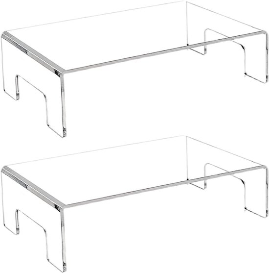 Twee identieke transparante acryl displaystandaards met een rechthoekig plat oppervlak en U-vormige steunen.